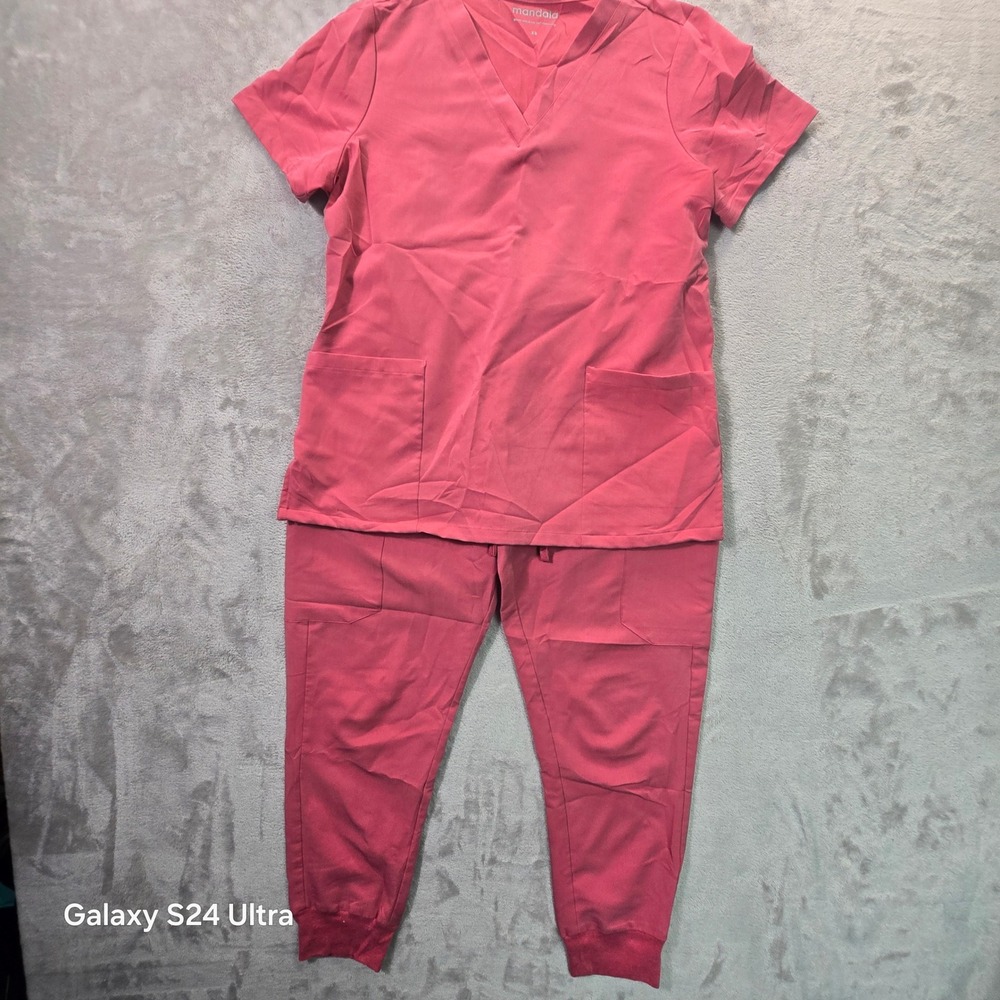 Mandala Womens Scrub Set Pink V-Neck Top Jogger Pants Equa-Tek XS
